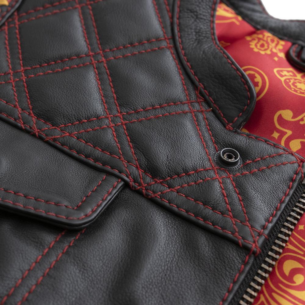 Torch Women's Club Style Motorcycle Leather Vest in black leather with red stitching and paisley lining, featuring concealed carry pockets.