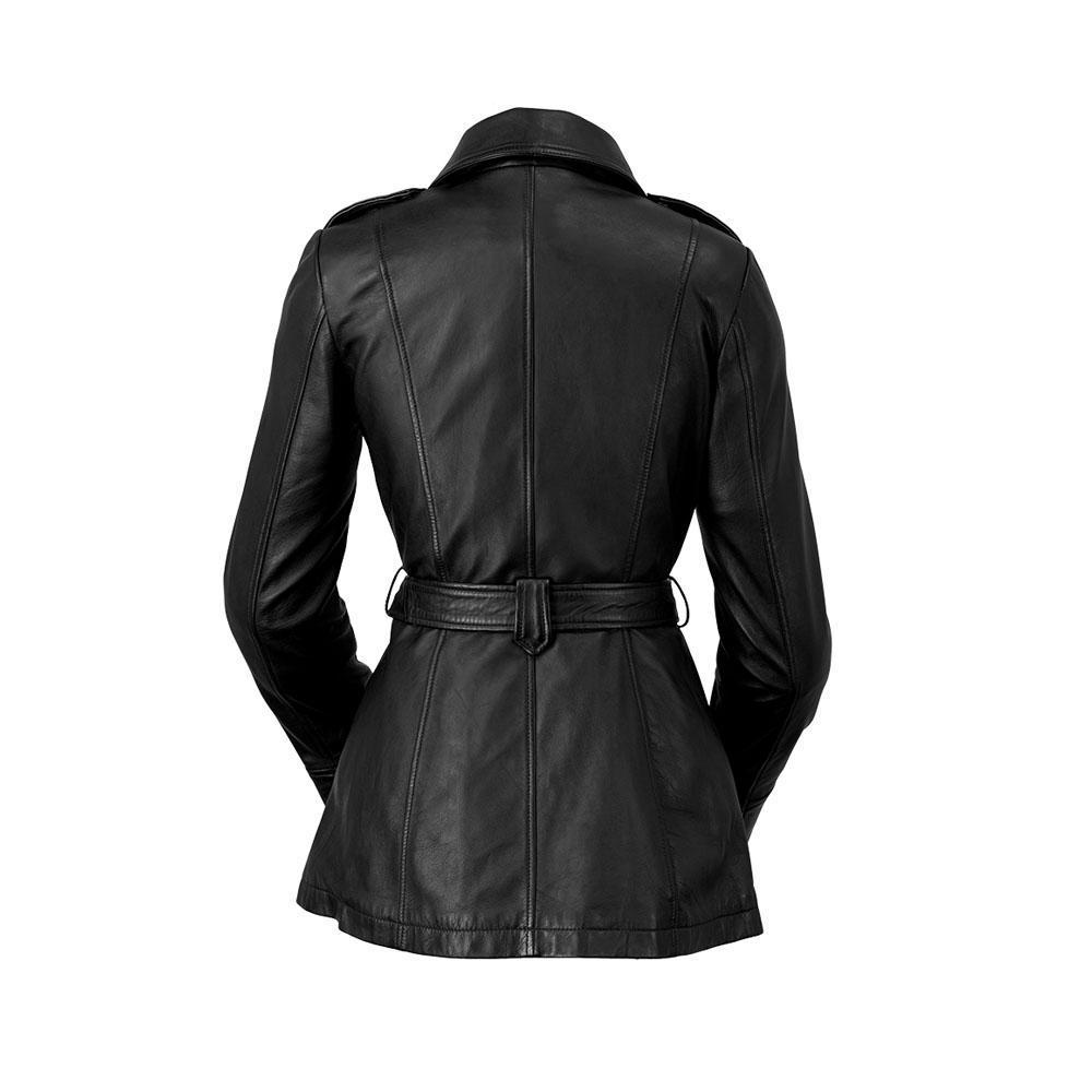 Traci Women's Leather Jacket in genuine lambskin leather with asymmetrical zipper and coordinating tie sash, showcasing its stylish trench coat design.