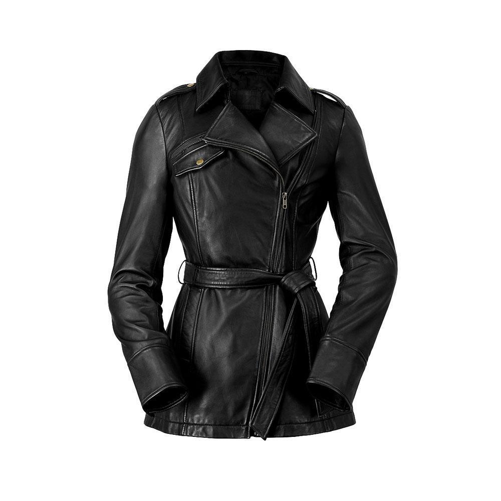 Traci Women's Leather Jacket in genuine lambskin leather with asymmetrical zipper and coordinating tie sash, showcasing its stylish trench coat design.