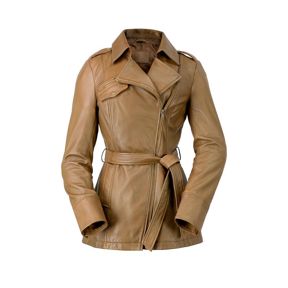 Traci Women's Leather Jacket in genuine lambskin leather with asymmetrical zipper and coordinating tie sash, showcasing its stylish trench coat design.