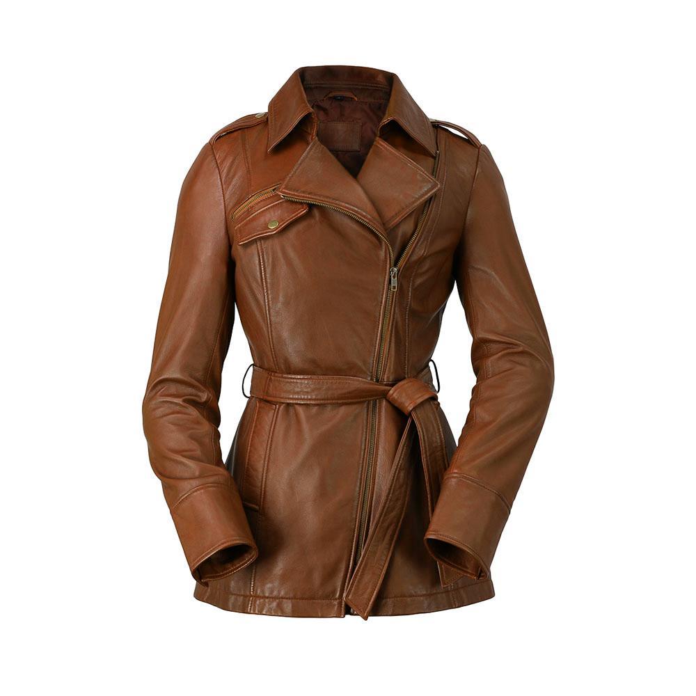 Traci Women's Leather Jacket in genuine lambskin leather with asymmetrical zipper and coordinating tie sash, showcasing its stylish trench coat design.