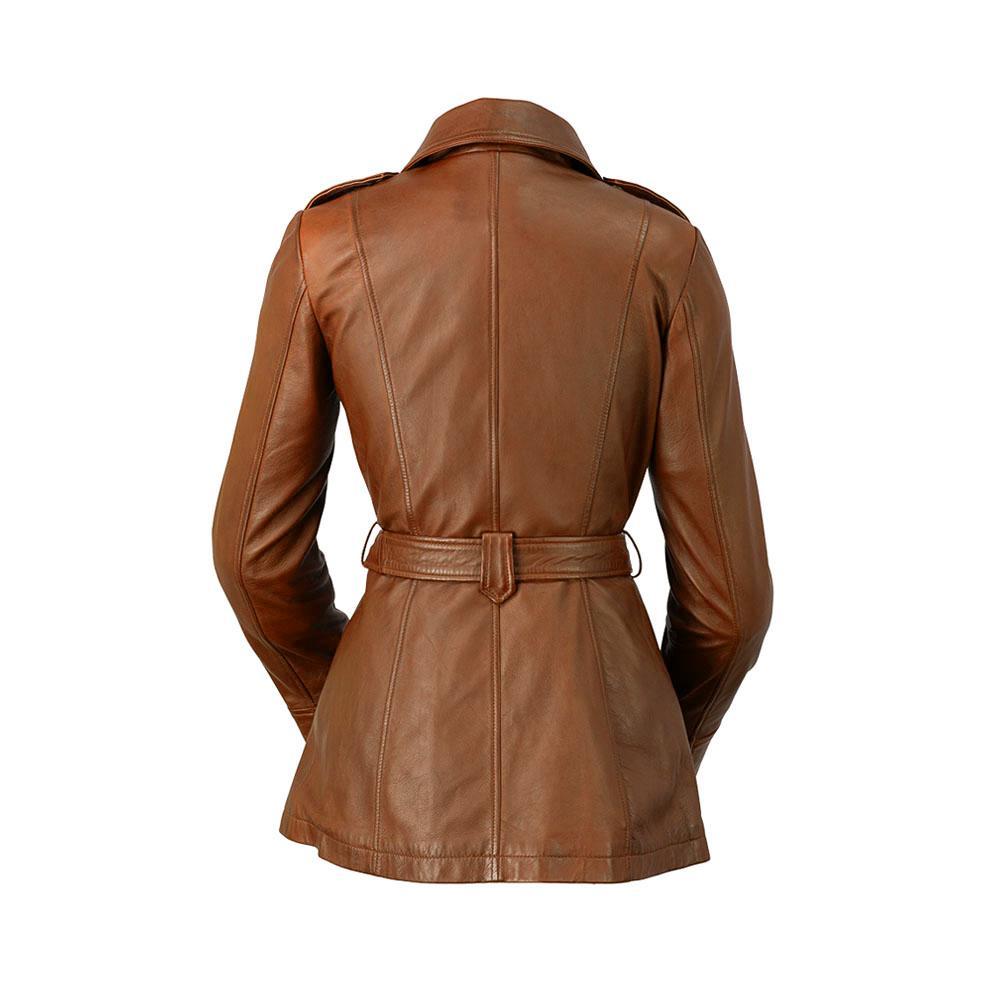 Traci Women's Leather Jacket in genuine lambskin leather with asymmetrical zipper and coordinating tie sash, showcasing its stylish trench coat design.