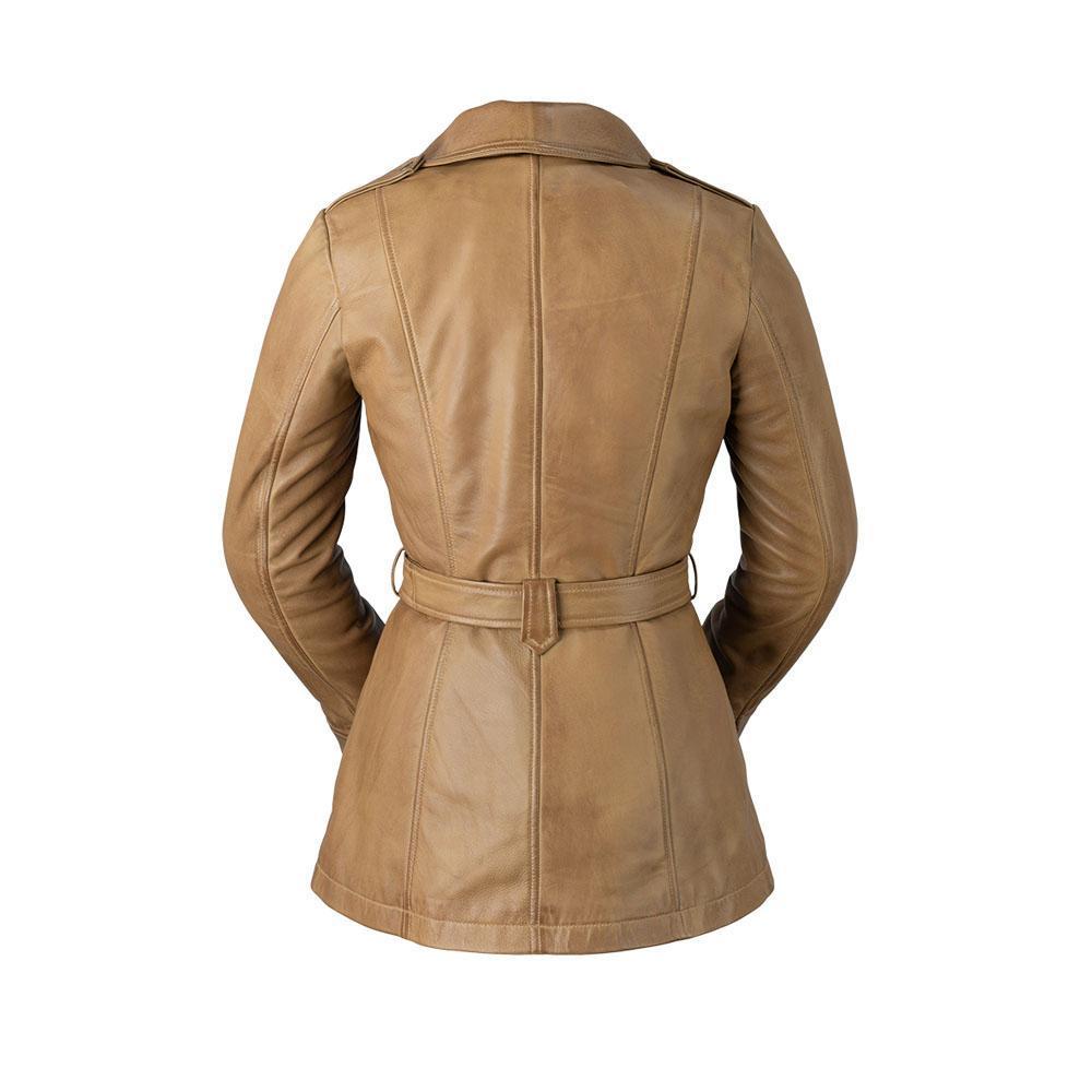 Traci Women's Leather Jacket in genuine lambskin leather with asymmetrical zipper and coordinating tie sash, showcasing its stylish trench coat design.