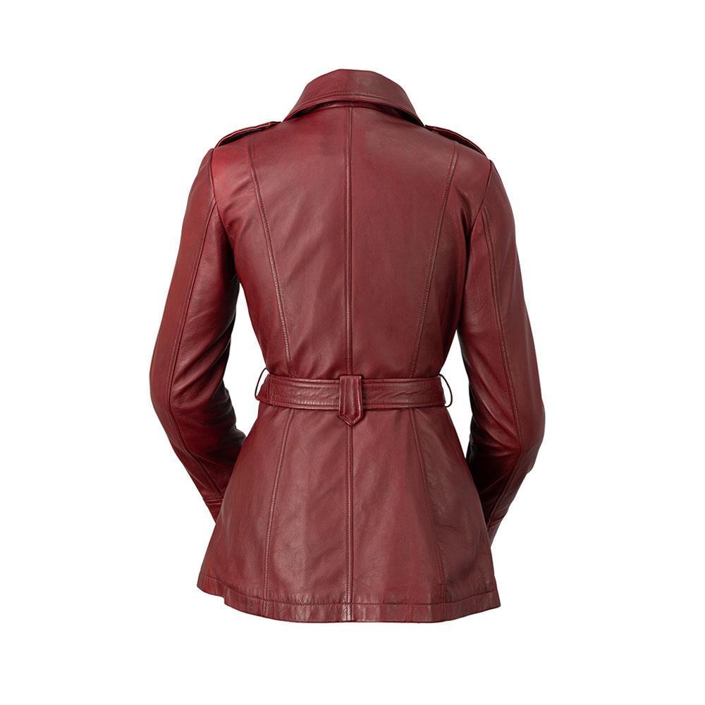 Traci Women's Leather Jacket in genuine lambskin leather with asymmetrical zipper and coordinating tie sash, showcasing its stylish trench coat design.