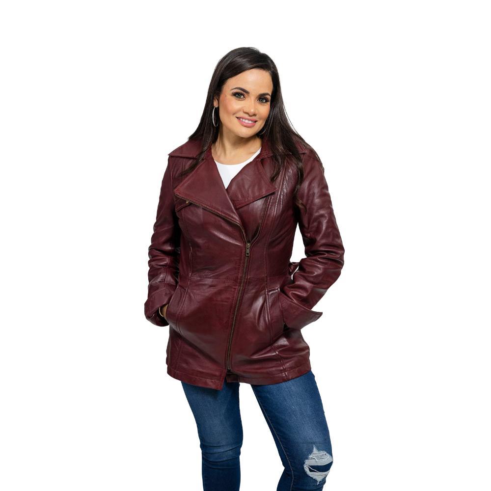 Stylish Traci women's jacket in dyed leather with trench coat design, featuring asymmetrical zipper and coordinating tie sash.