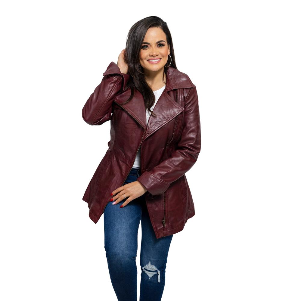 Stylish Traci women's jacket in dyed leather with trench coat design, featuring asymmetrical zipper and coordinating tie sash.