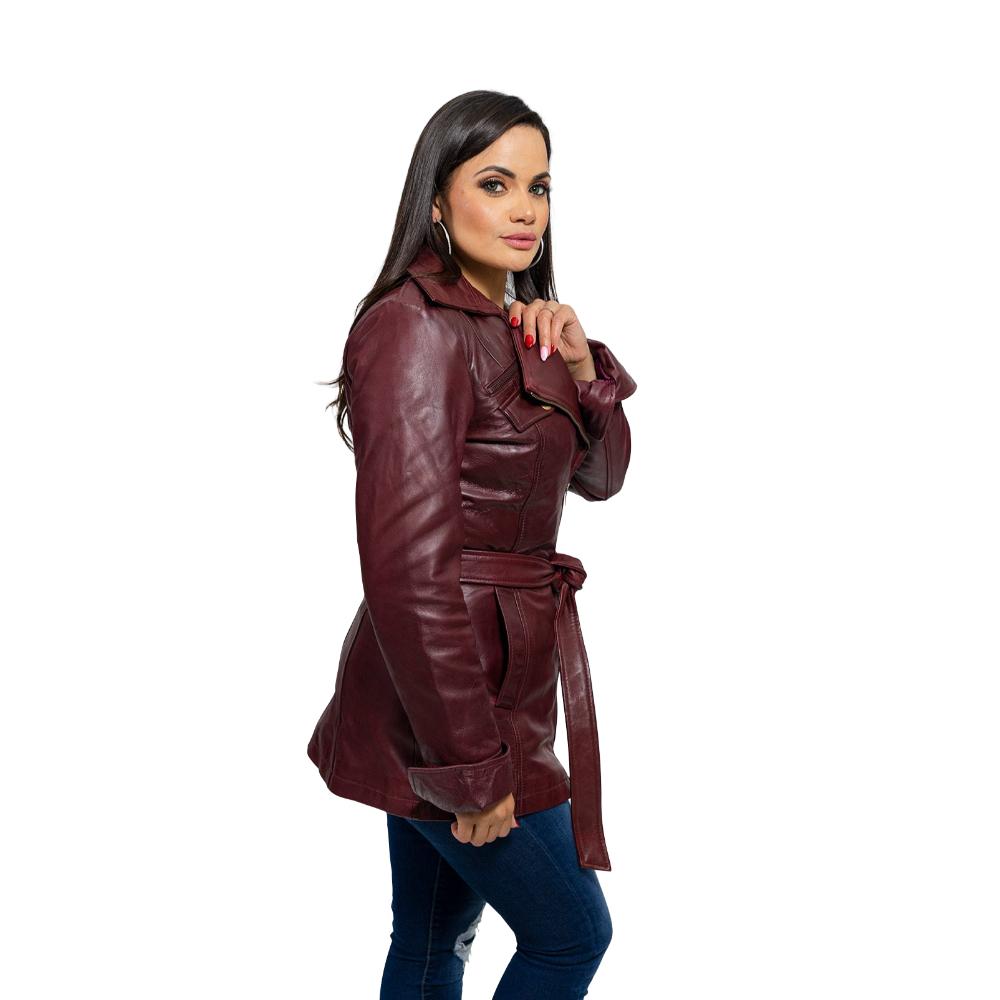 Stylish Traci women's jacket in dyed leather with trench coat design, featuring asymmetrical zipper and coordinating tie sash.