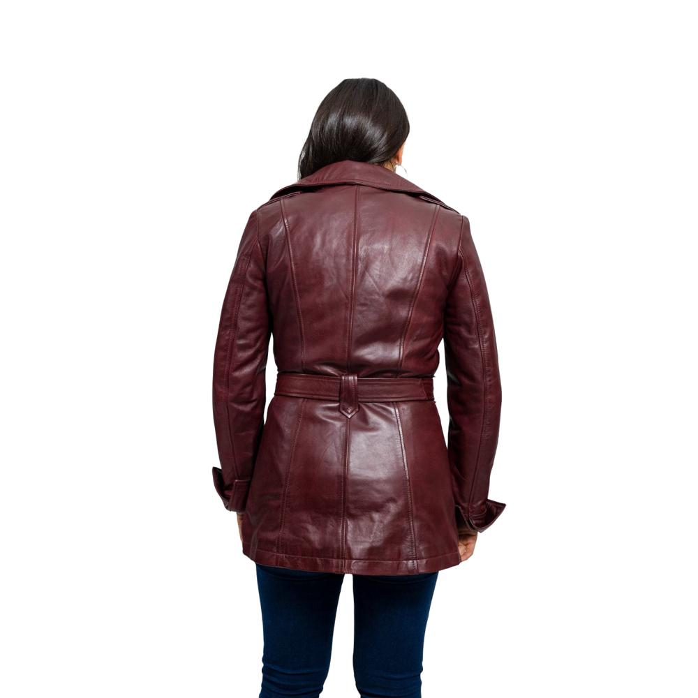 Stylish Traci women's jacket in dyed leather with trench coat design, featuring asymmetrical zipper and coordinating tie sash.