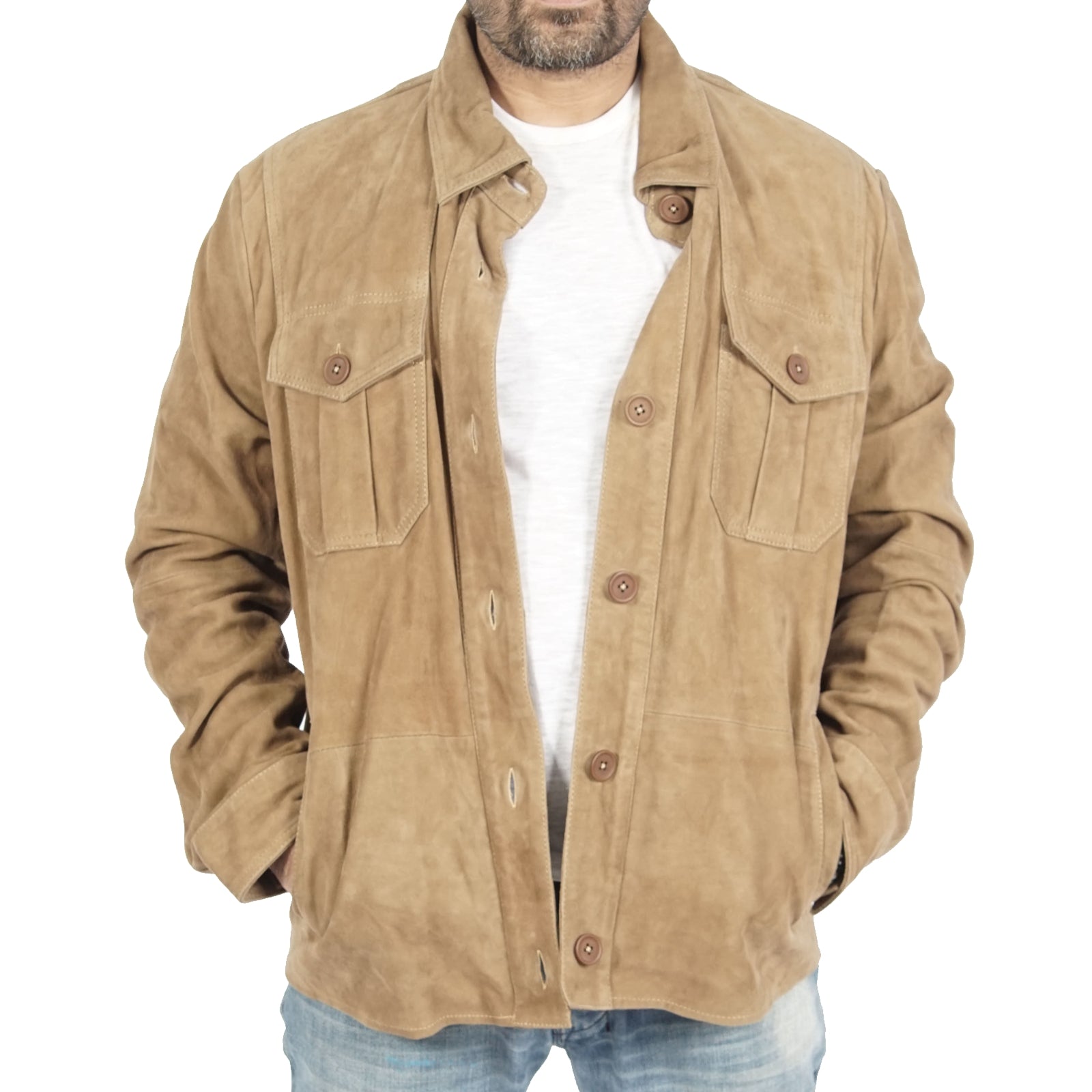 Tracker Suede Beige Jacket displayed on a mannequin, showcasing its stylish design and soft suede texture.