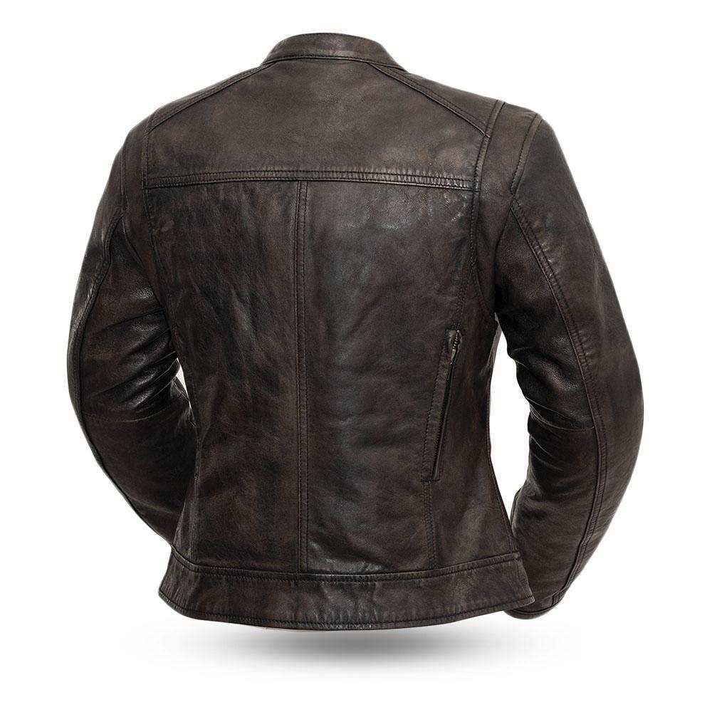 Trickster Women's Leather Motorcycle Jacket featuring a stylish scooter design with multiple zippered pockets and armored protection.