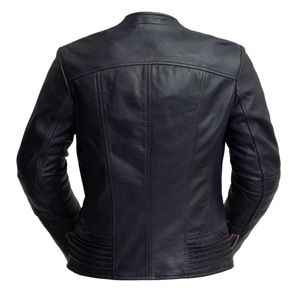 TRISH women's leather jacket in genuine lambskin with asymmetrical zipper and adjustable cuffs, featuring antiqued zipper accents.