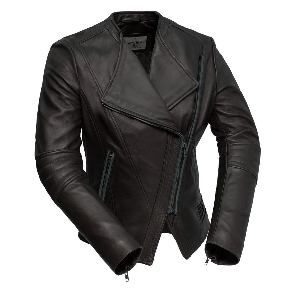 TRISH women's leather jacket in genuine lambskin with asymmetrical zipper and adjustable cuffs, featuring antiqued zipper accents.