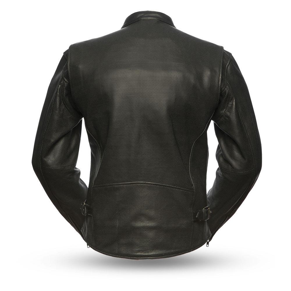 Turbine Perforated Men's Leather Jacket showcasing stylish scooter design and perforated diamond cowhide for breathability.