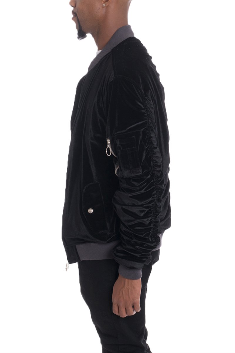 Velour Cinch Sleeve Bomber Jacket featuring scrunched sleeves, zipper pocket, and ribbed cuffs, displayed on a mannequin.