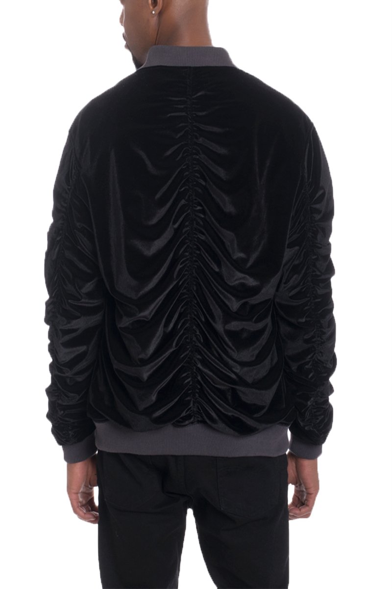 Velour Cinch Sleeve Bomber Jacket featuring scrunched sleeves, zipper pocket, and ribbed cuffs, displayed on a mannequin.