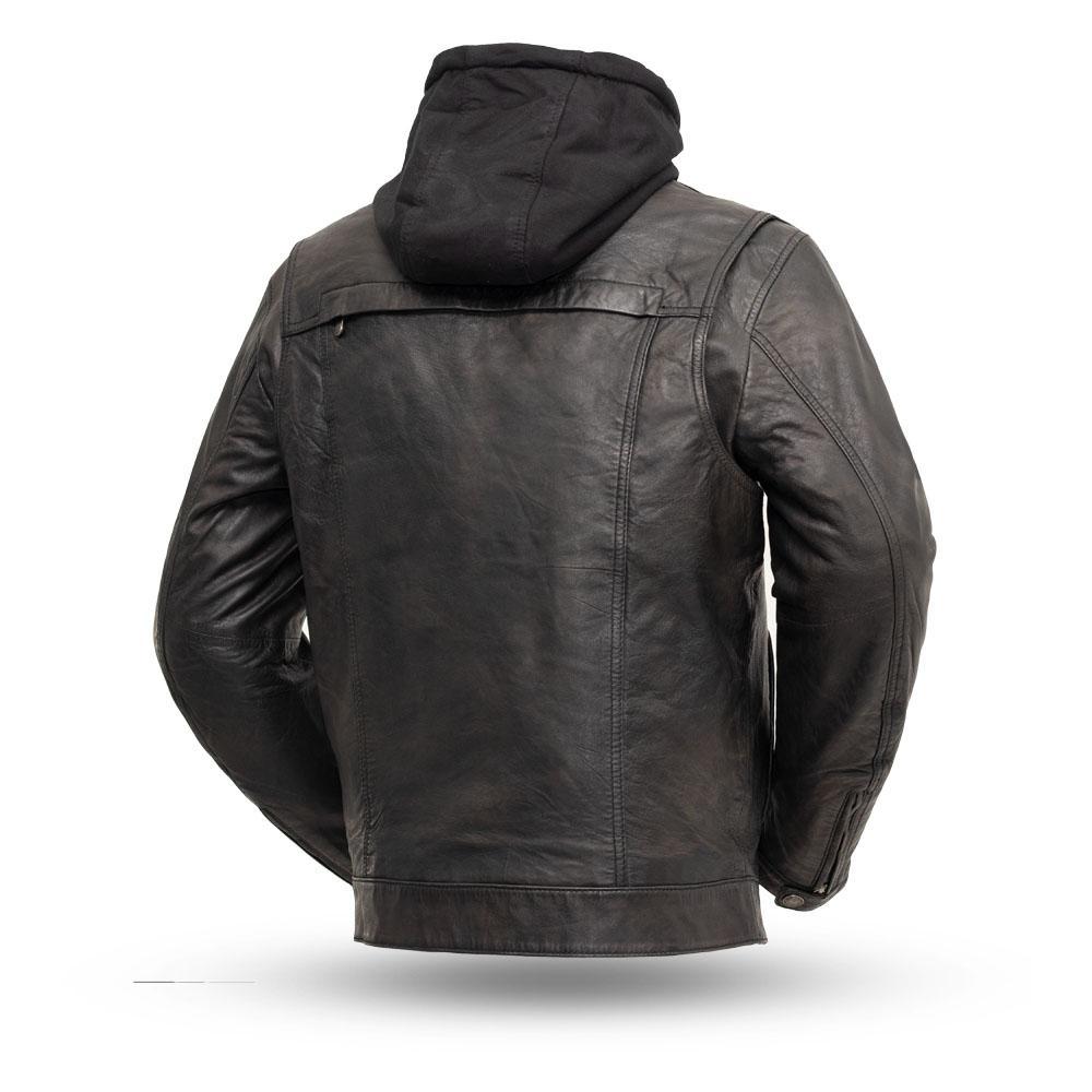 Vendetta Men's Leather Motorcycle Jacket featuring a stylish scooter design, multiple pockets, and a removable hood.