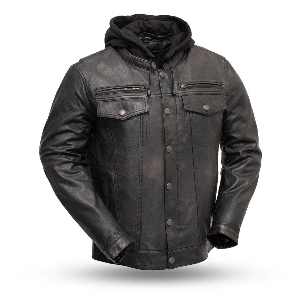 Vendetta Men's Leather Motorcycle Jacket featuring a stylish scooter design, multiple pockets, and a removable hood.