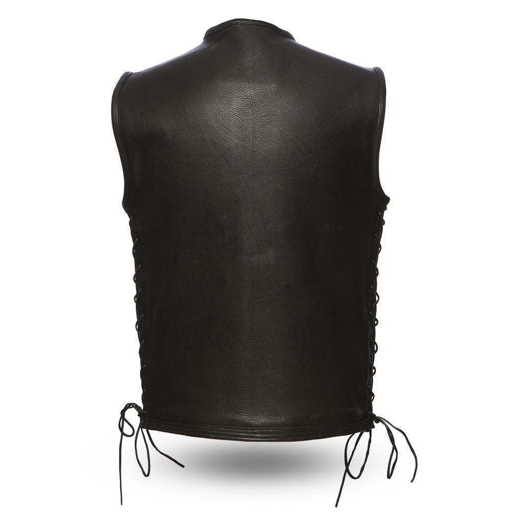 Venom Men's Leather Motorcycle Vest made from premium cowhide leather, featuring a roll-up collar and concealed carry pockets.