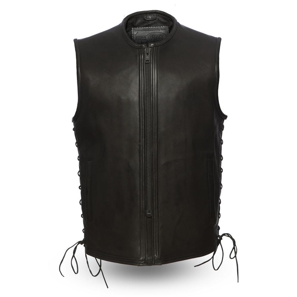 Venom Men's Leather Motorcycle Vest made from premium cowhide leather, featuring a roll-up collar and concealed carry pockets.