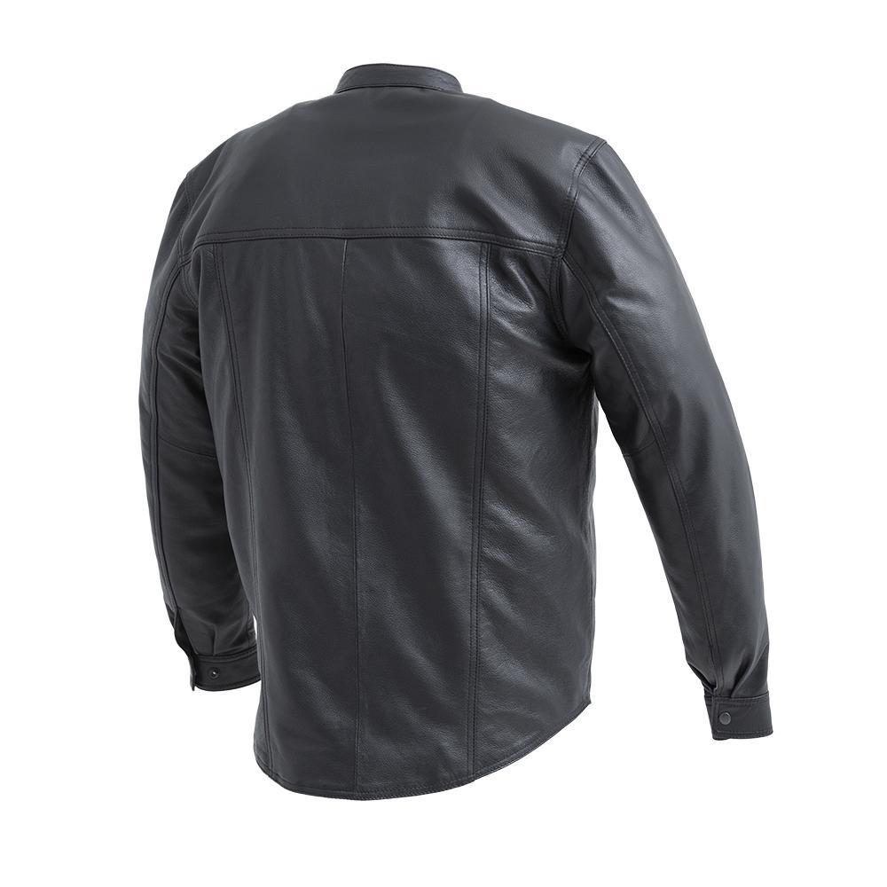 Vigilante Men's Motorcycle Leather Shirt featuring a banded collar, multiple pockets, and a hidden zipper, made from durable cow leather.