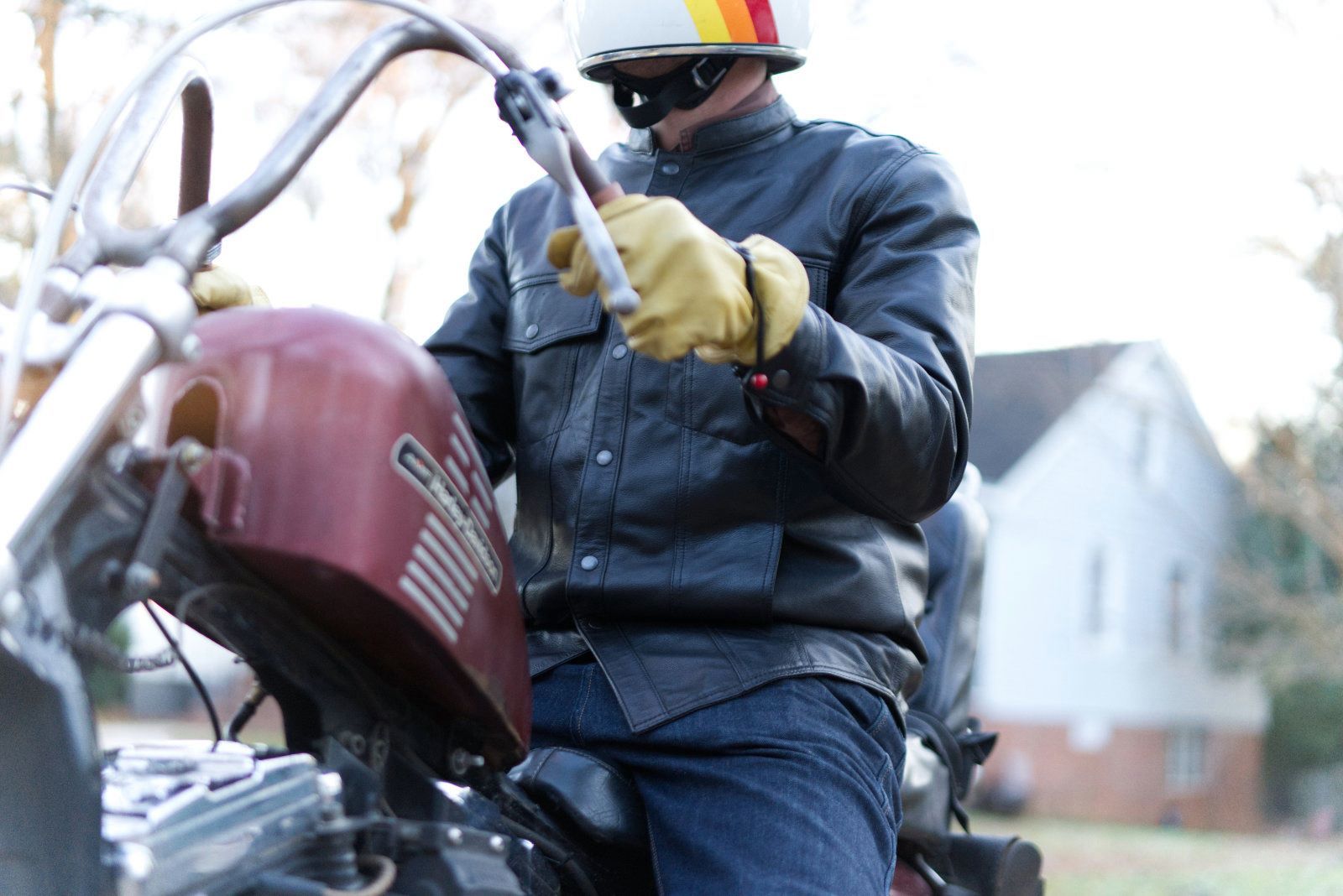 Vigilante Men's Motorcycle Leather Shirt featuring a banded collar, multiple pockets, and a hidden zipper, made from durable cow leather.