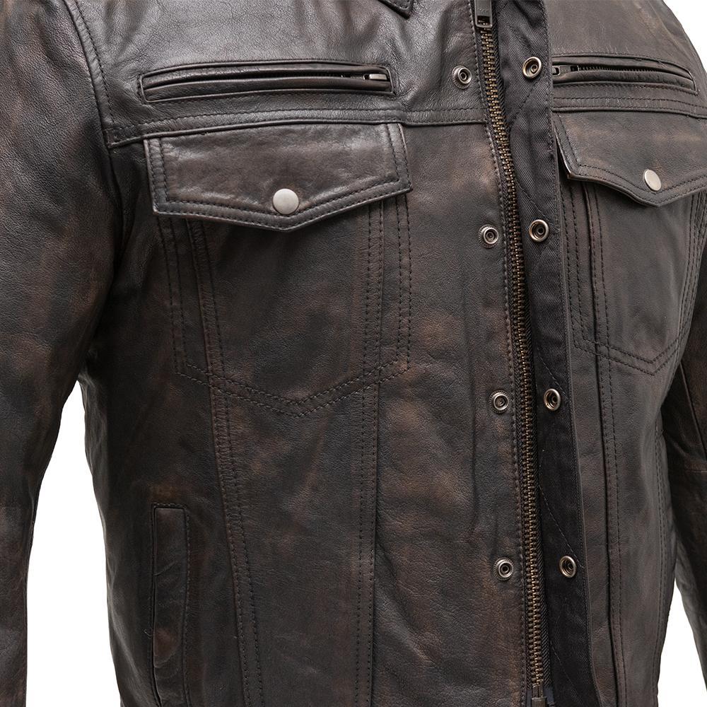 Villain Men's Leather Motorcycle Jacket featuring durable Cow Dutch leather, stylish design, and multiple pockets for functionality.