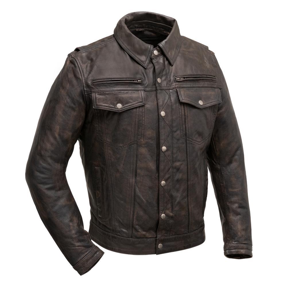 Villain Men's Leather Motorcycle Jacket featuring a stylish scooter design with multiple pockets and a banded collar.