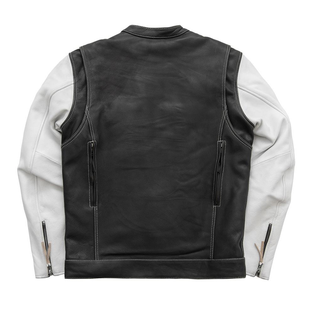 Vincent Men's Scooter Style Leather Jacket featuring black body and white sleeves with multiple pockets and stylish design.