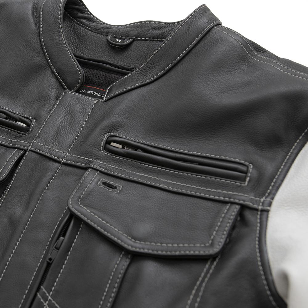 Vincent Men's Scooter Style Leather Jacket featuring black body and white sleeves with multiple pockets and stylish design.