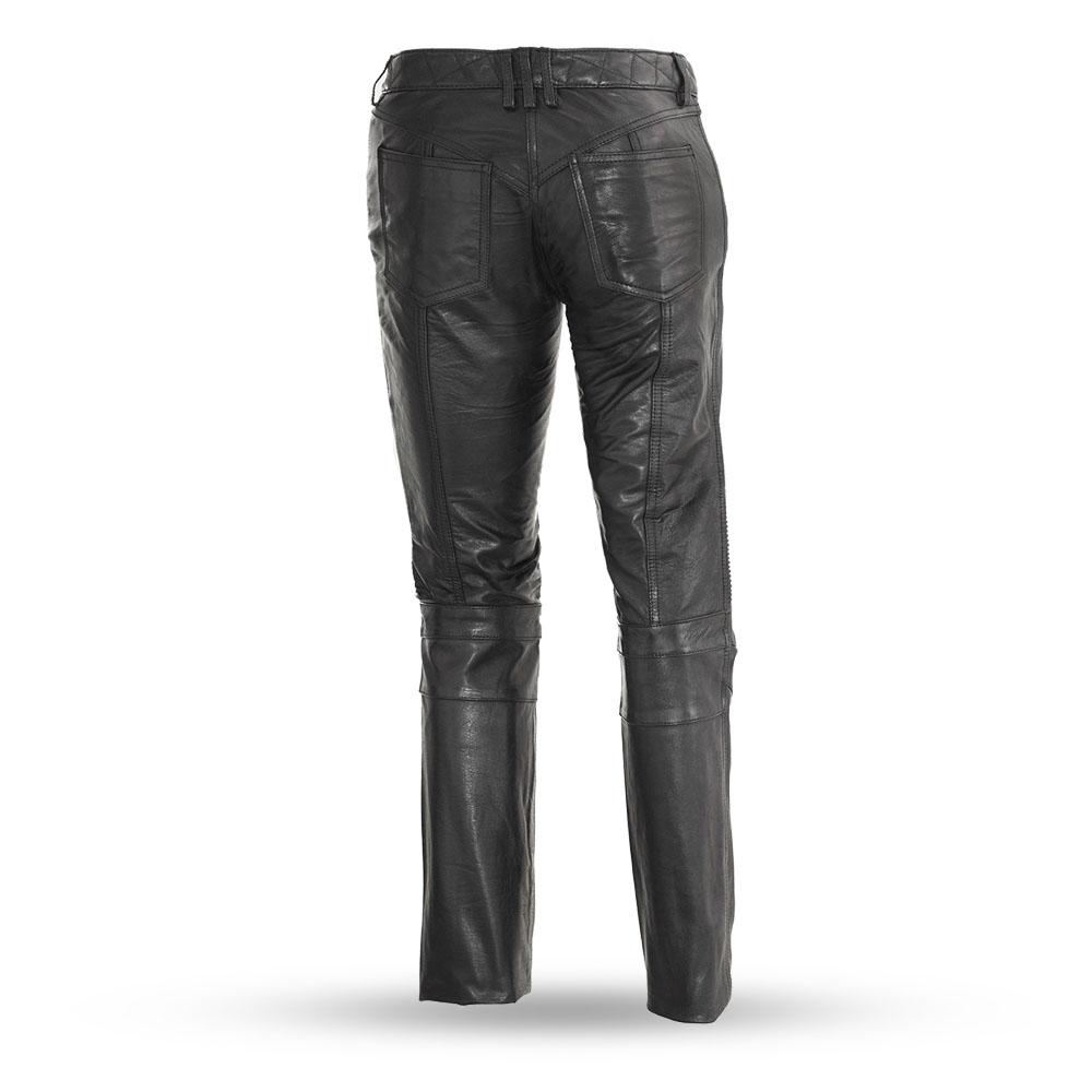 Vixen Women's Motorcycle Leather Pants showcasing premium cowhide leather, quilted belt detail, and stylish design.