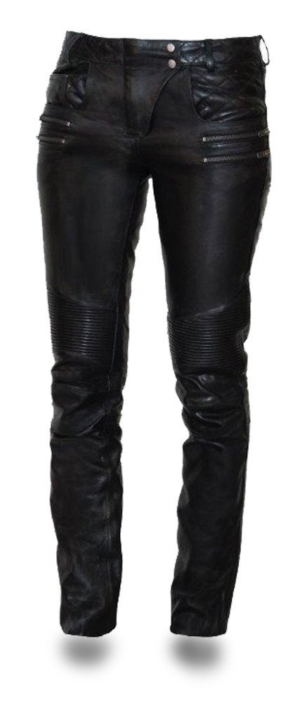 Vixen Women's Leather Pants made from light aniline cowhide with quilted belt detail and double zipper faux pockets.