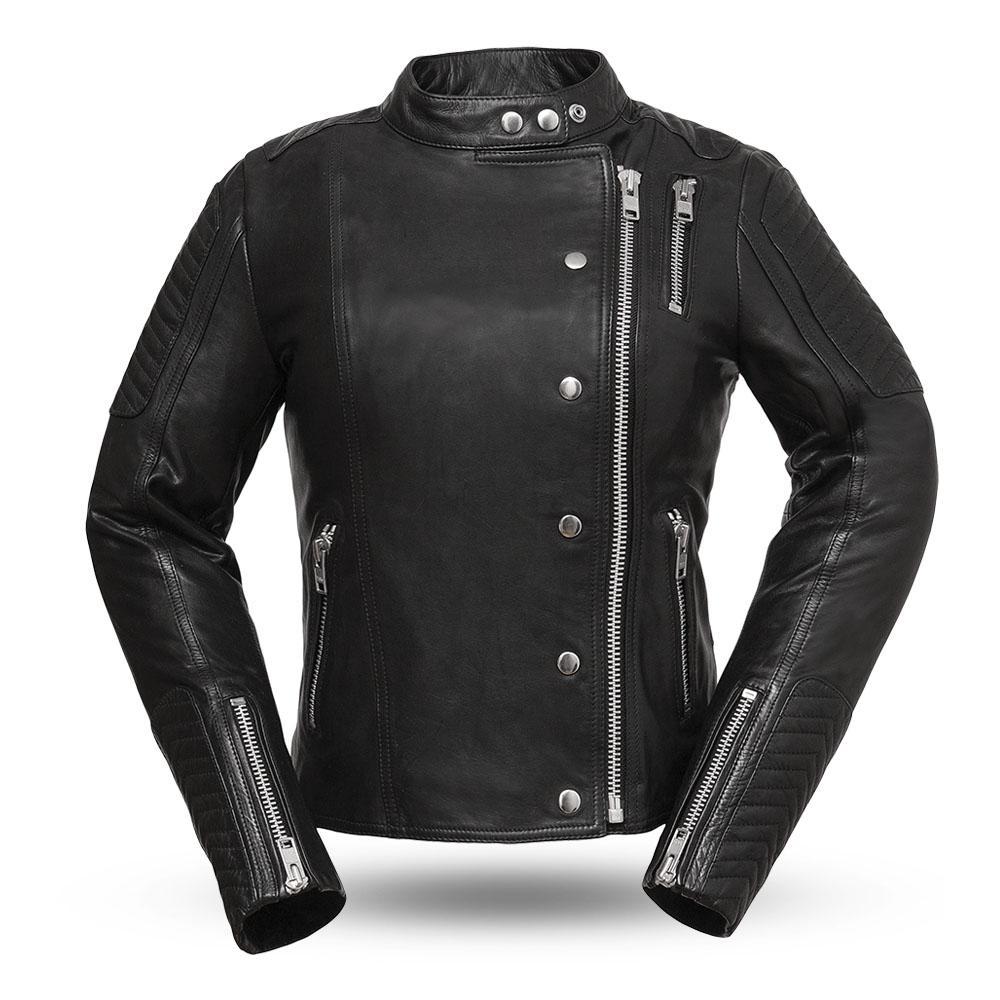 Warrior Princess Women's Leather Motorcycle Jacket featuring asymmetrical zipper, military stripes, and insulated thermal liner.