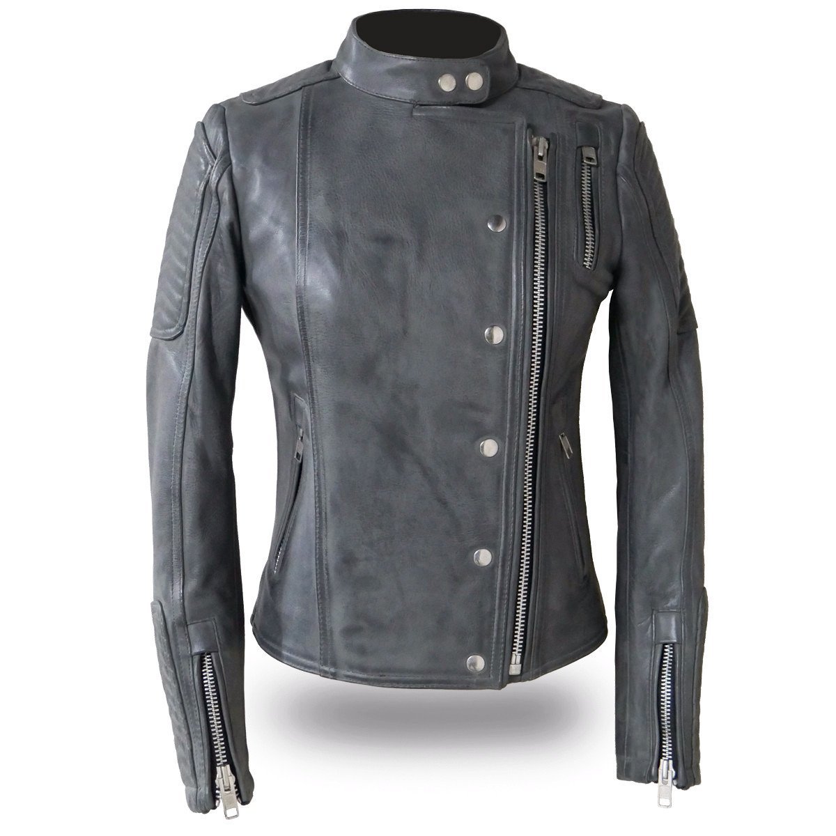 Warrior Princess Women's Leather Motorcycle Jacket featuring asymmetrical zipper, military stripes, and insulated thermal liner.