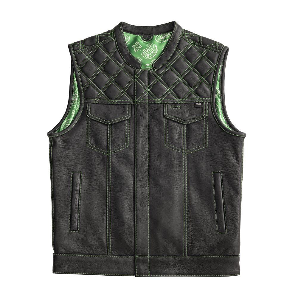 Whaler Green Men's Club Style Leather Vest featuring diamond naked cowhide, green stitching, and paisley design.