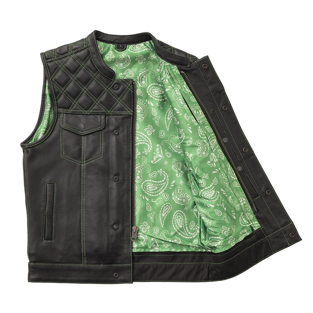 Whaler Green Men's Club Style Leather Vest featuring diamond naked cowhide, green stitching, and paisley design.