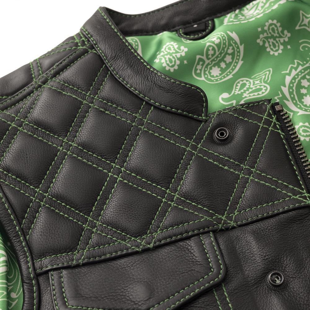 Whaler Green Men's Club Style Leather Vest featuring diamond naked cowhide, green stitching, and paisley design.