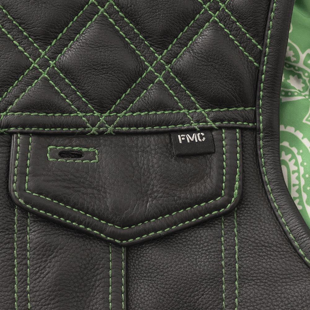 Whaler Green Men's Club Style Leather Vest featuring diamond naked cowhide, green stitching, and paisley design.