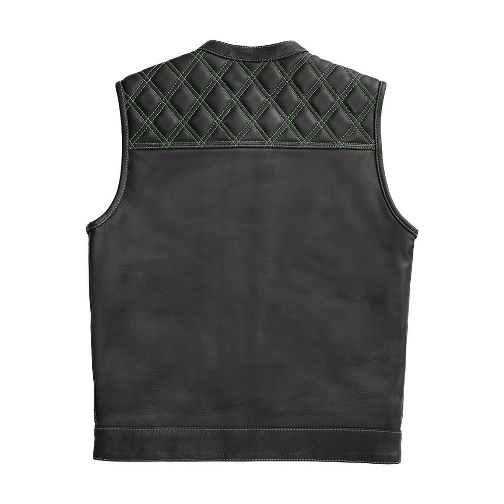 Whaler Green Men's Club Style Leather Vest featuring diamond naked cowhide, green stitching, and paisley design.