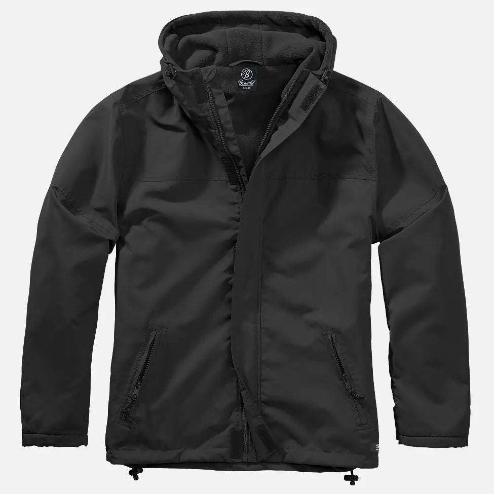 Windbreaker Frontzip jacket featuring a fleece lining, stable front zipper, lined hood with drawstring, and zippered pockets, ideal for outdoor activities.