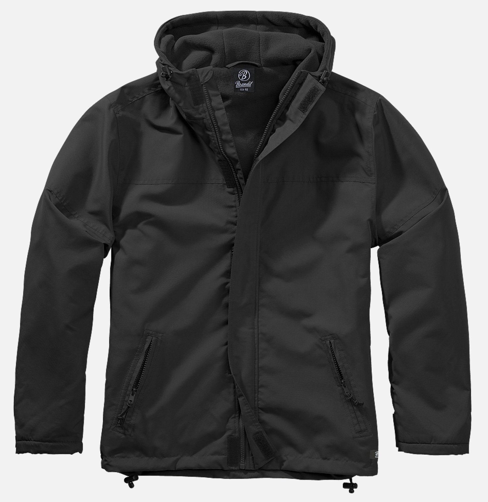 Windbreaker Frontzip jacket featuring a fleece lining, stable front zipper, lined hood with drawstring, and zippered pockets, ideal for outdoor activities.