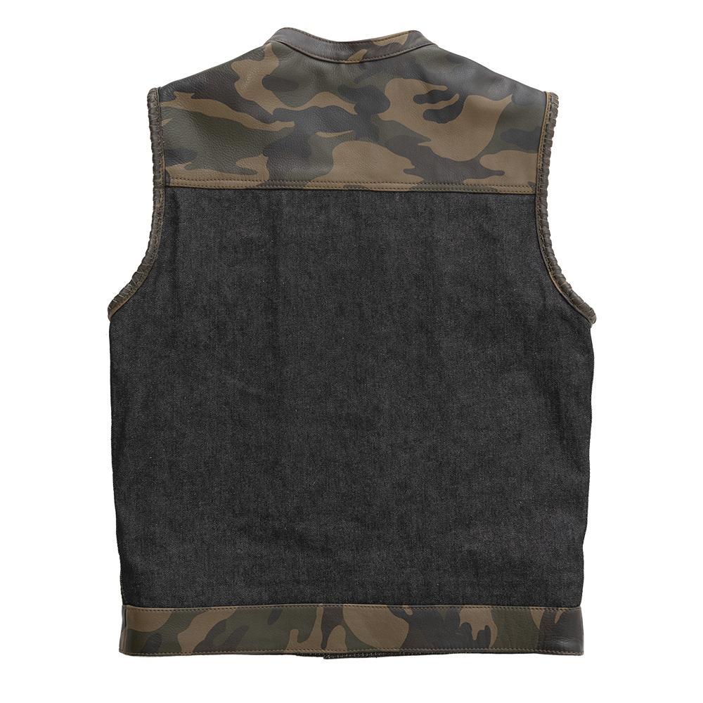 Woodsman Men's Club Style Leather and Denim Vest featuring woodland camo accents and multiple pockets.