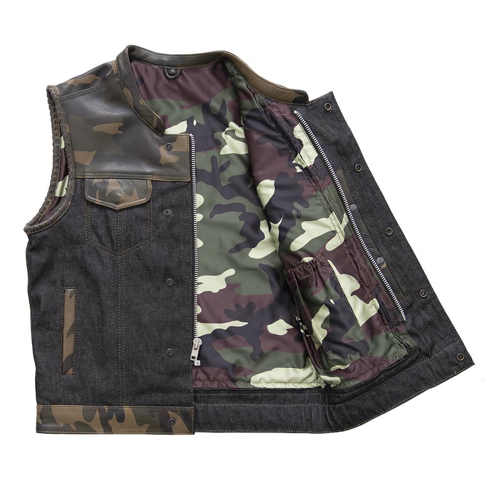 Woodsman Men's Club Style Leather and Denim Vest featuring woodland camo accents and multiple pockets.