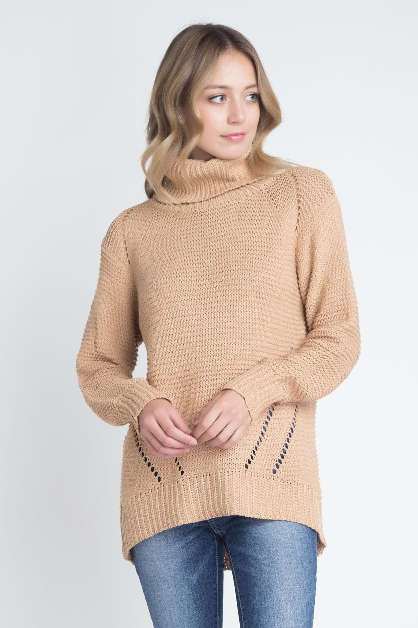 A stylish Women's Loose Fit Hi-Low Turtleneck Sweater in a cozy knit fabric, featuring a turtleneck and a trendy hi-low hem.