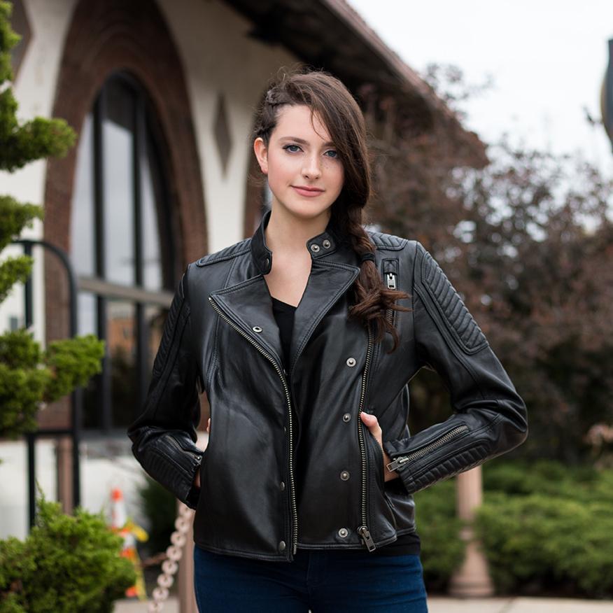 Zena Anthracite Gray lambskin leather jacket with chevron quilting and off-center zip closure.