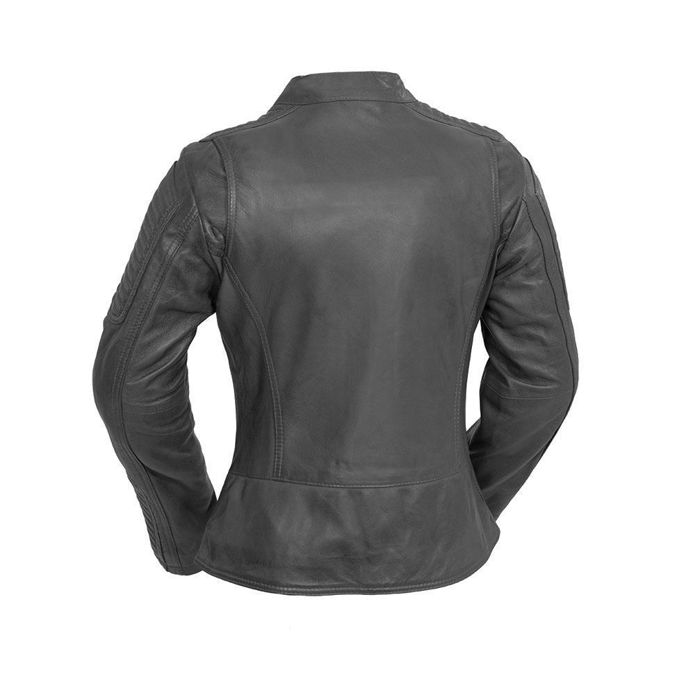 Zena Women's Leather Jacket featuring chevron quilting, off-center zip, and multiple pockets in black color.