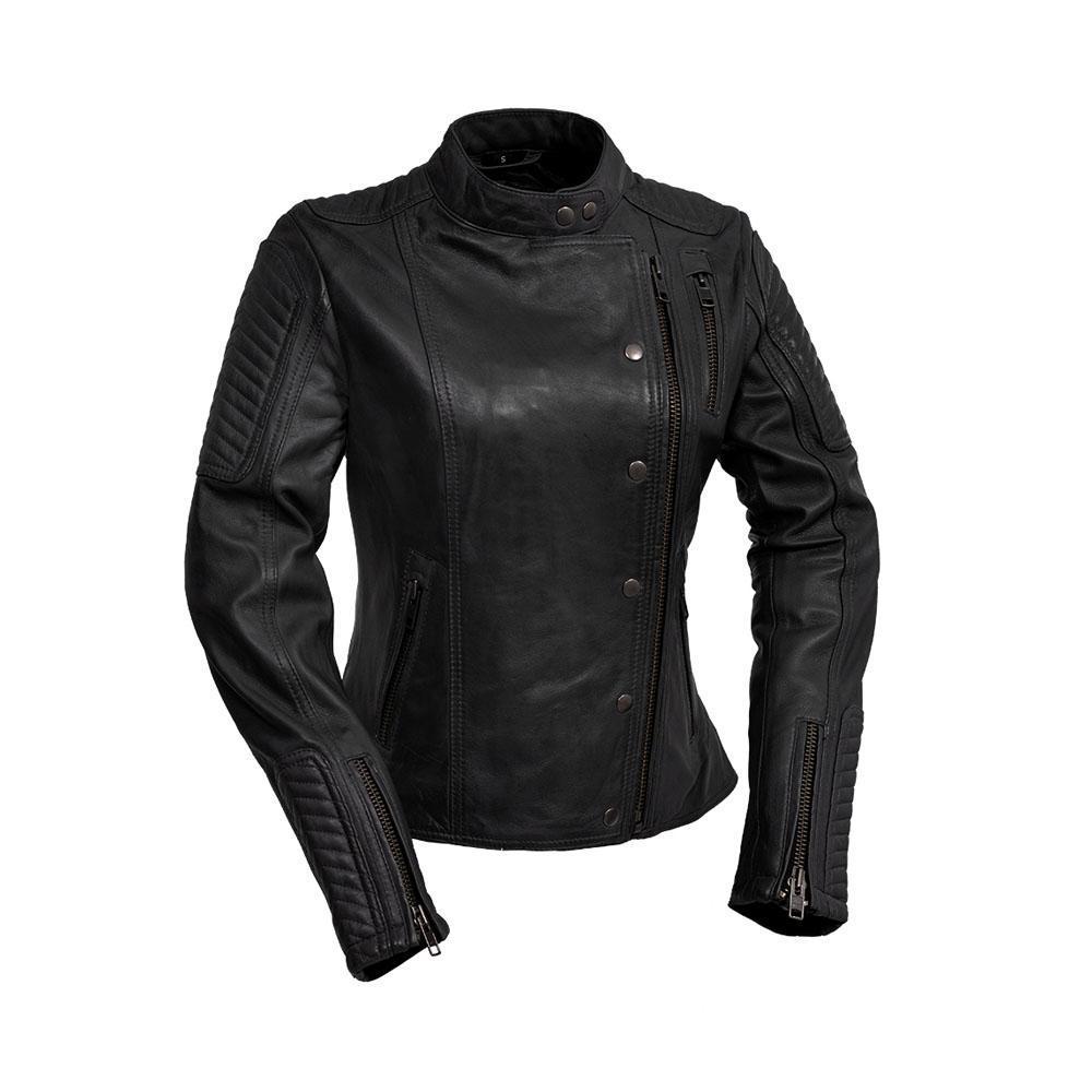 Zena Women's Leather Jacket featuring chevron quilting, off-center zip, and multiple pockets in black color.