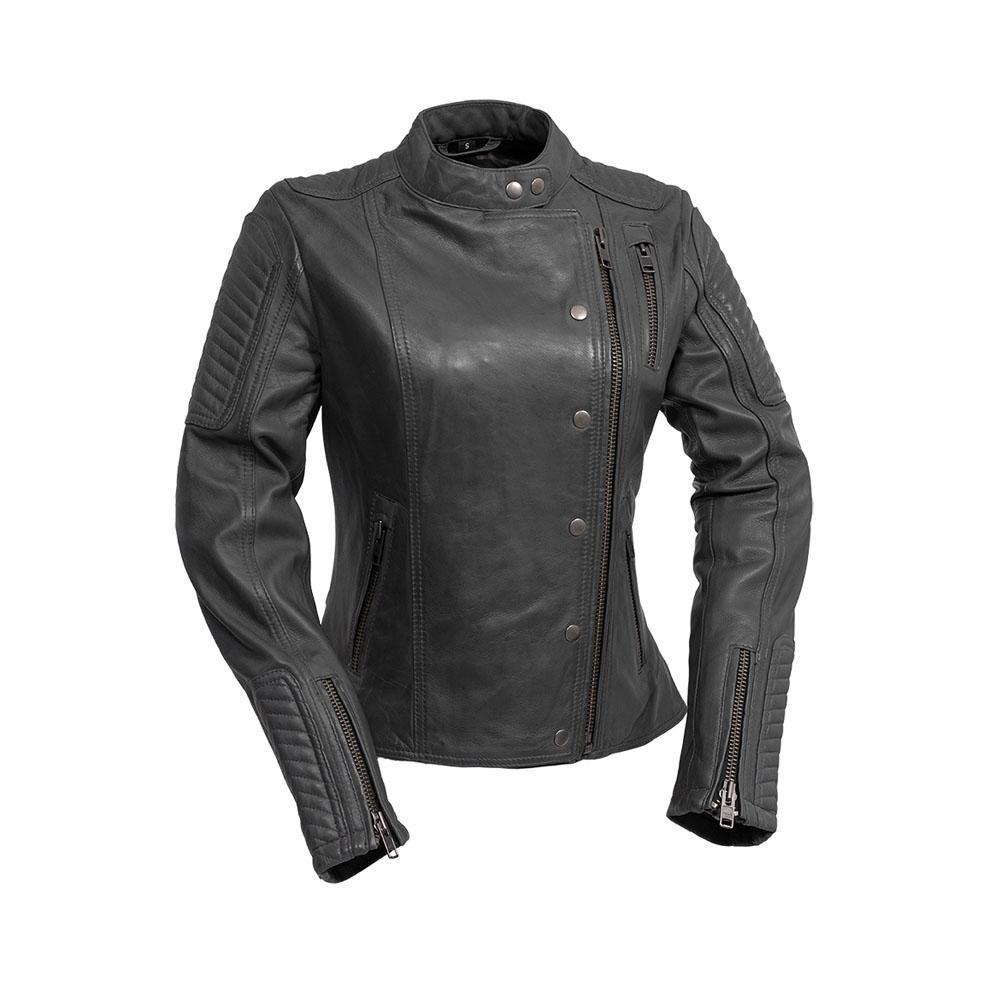 Zena Women's Leather Jacket featuring chevron quilting, off-center zip, and multiple pockets in black color.