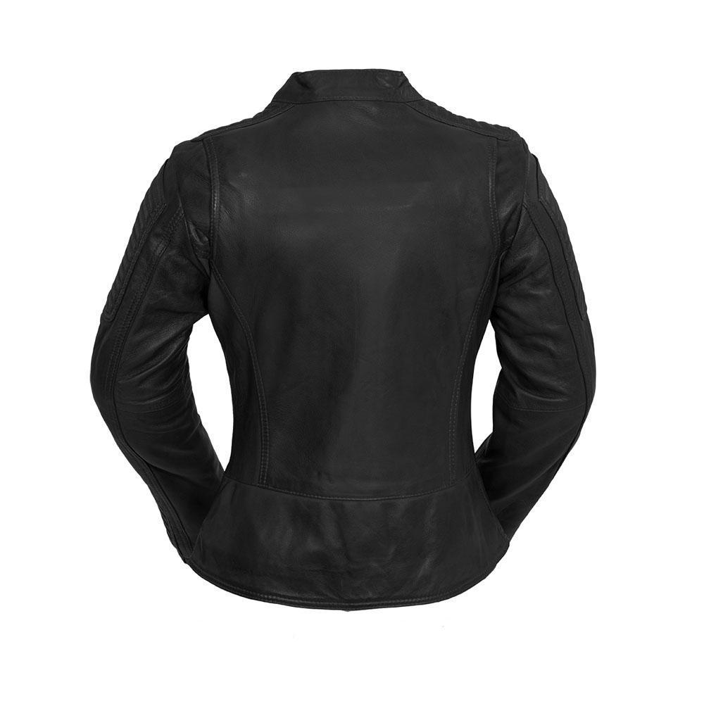 Zena Women's Leather Jacket featuring chevron quilting, off-center zip, and multiple pockets in black color.