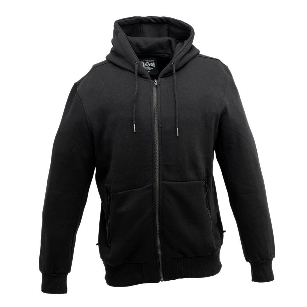 A stylish zip-up hoodie made from heavyweight fleece, featuring a drawstring hood and zippered side pockets.