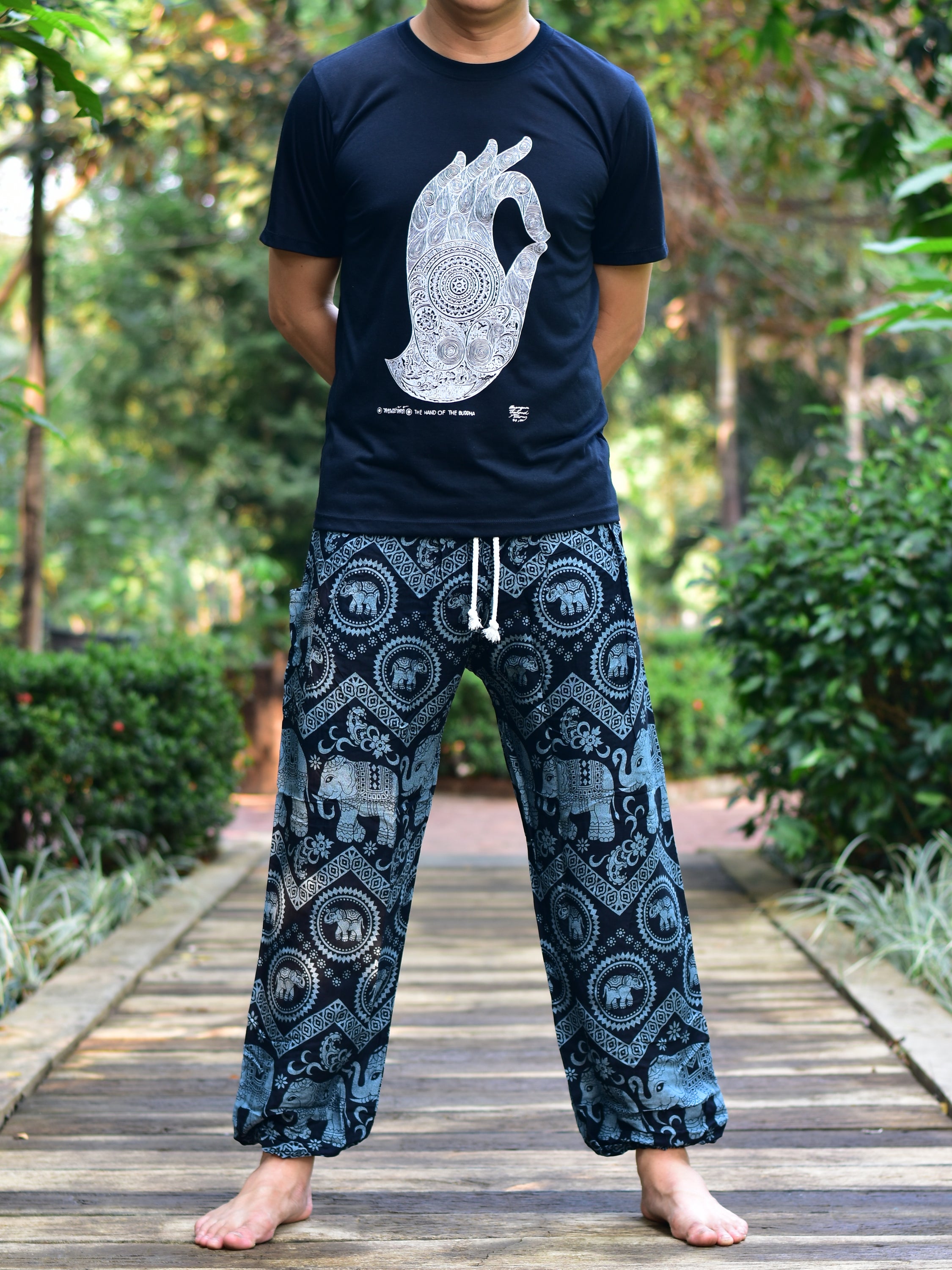 Bohotusk Men's Black Elephant Tusker Harem Pants showcasing a unique elephant print, elasticated waist, and external pocket.